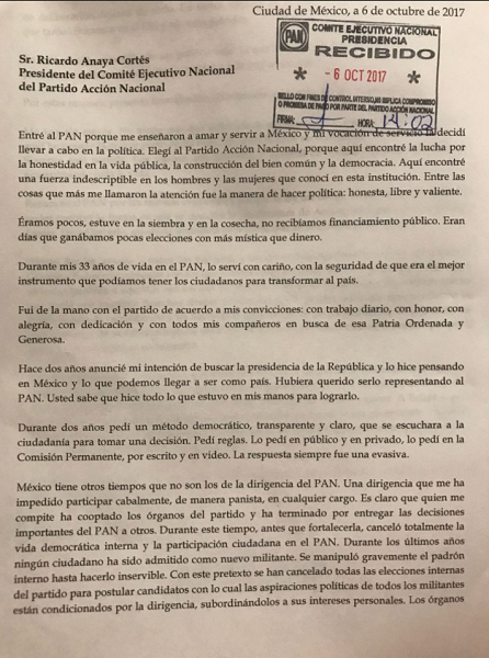 OFICIAL: Entrega Margarita Zavala carta de renuncia al PAN 